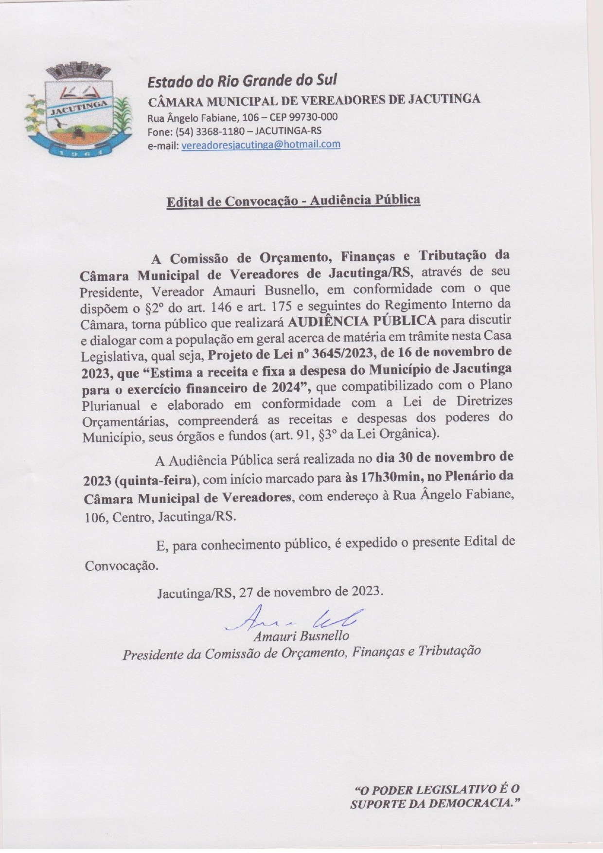 CONVOCAÇÃO PARA AUDIÊNCIA PÚBLICA