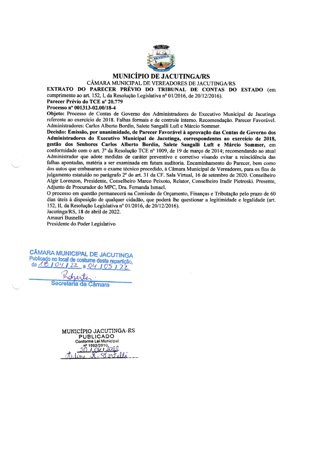 Processo de Contas do Poder Executivo referente ao exercício 2018 tem sua tramitação iniciada na Câmara