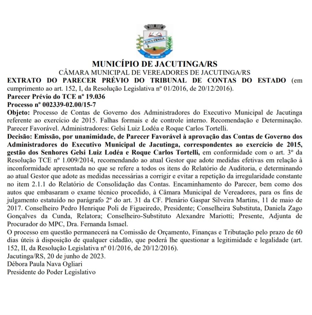 RECEBIDAS AS CONTAS DO PODER EXECUTIVO 2015